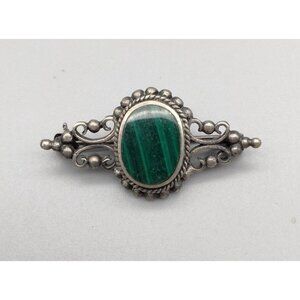 Native American Malachite Old Pawn Art Deco 925 Silver Brooch Signed Antique VTG
